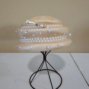Jack Mcconnell Vintage Hats - Used - Straw with Pearls and Rhinestones & Hat Pin